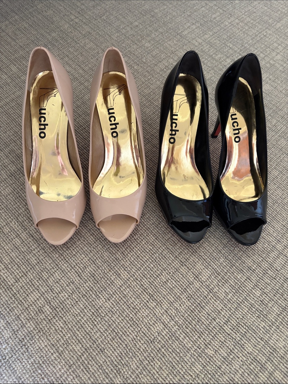2 pair of Peep-Toe Patent Pumps in Blush and Black by Lucho